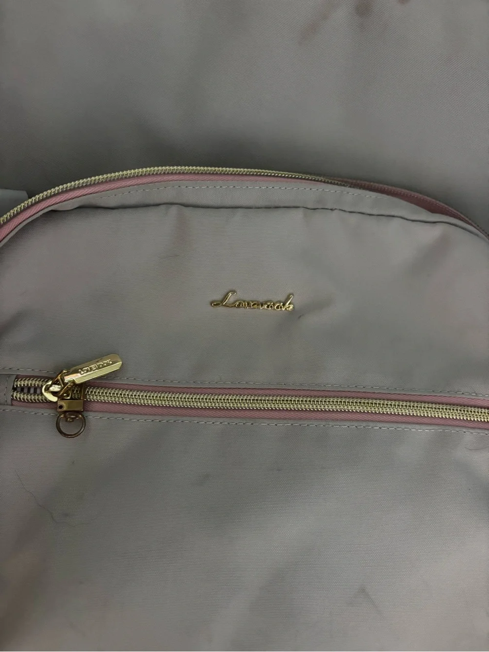 Light Gray Backpack with Blush Pink Accents